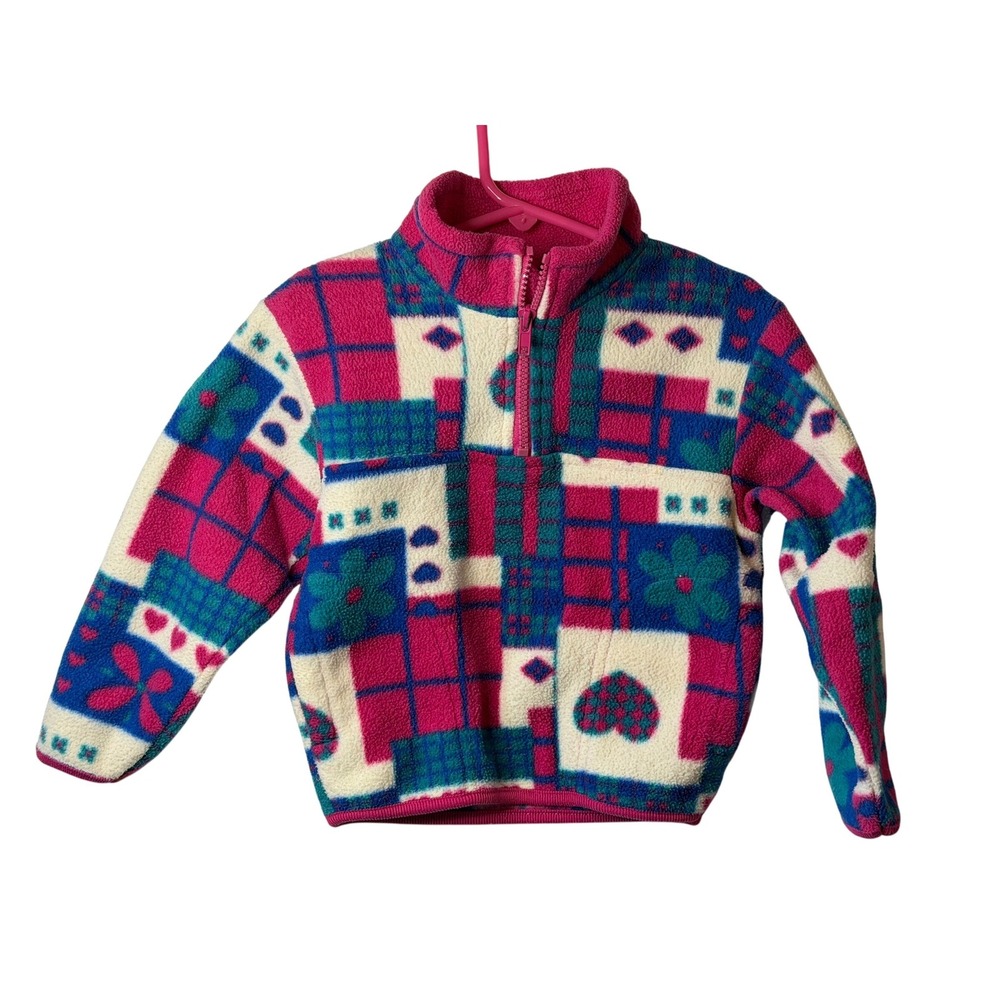 VTG Alpine Ridge Fleece Pullover Pink Blue Plaid Heart‎ Flower Abstract 2T Girls